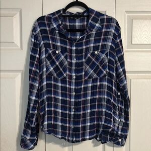 SANCTUARY Blue Pink Plaid Boyfriend Button Down Shirt Gauzy Lightweight Small